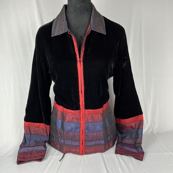 Coldwater Creek Jackets & Blazers - Vtg 90s Y2K Coldwater Creek Velvet Jacket Black Patchwork Trim M Whimsygoth Boho